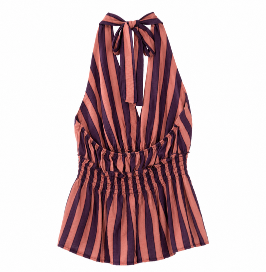 Blusa Halter Rayada Terracota con Escote Profundo