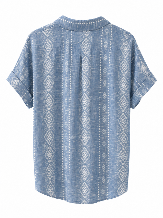 Blusa Camisera Azul Denim con Estampado Boho