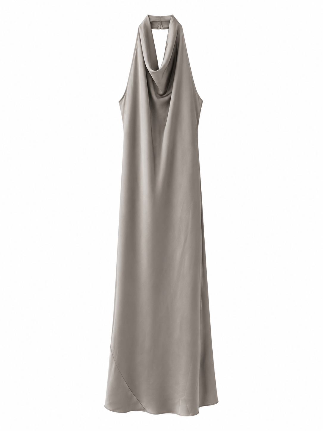 Vestido Maxi Satinado Gris Perla con Escote Halter
