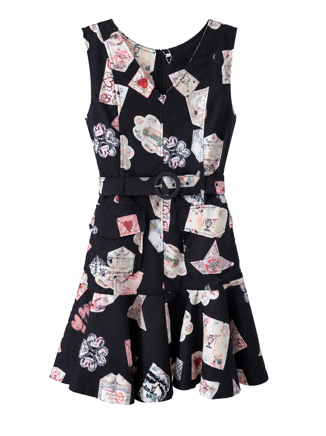 Vestido Mini Negro Estampado con Cinturón Ajustable