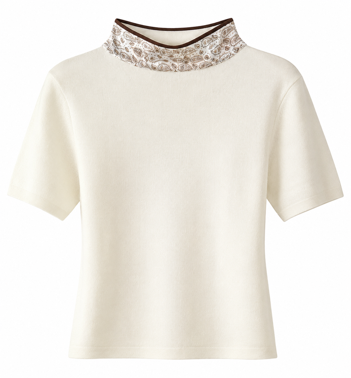 Blusa Tejida Beige con Pañuelo Estampado Decorativo