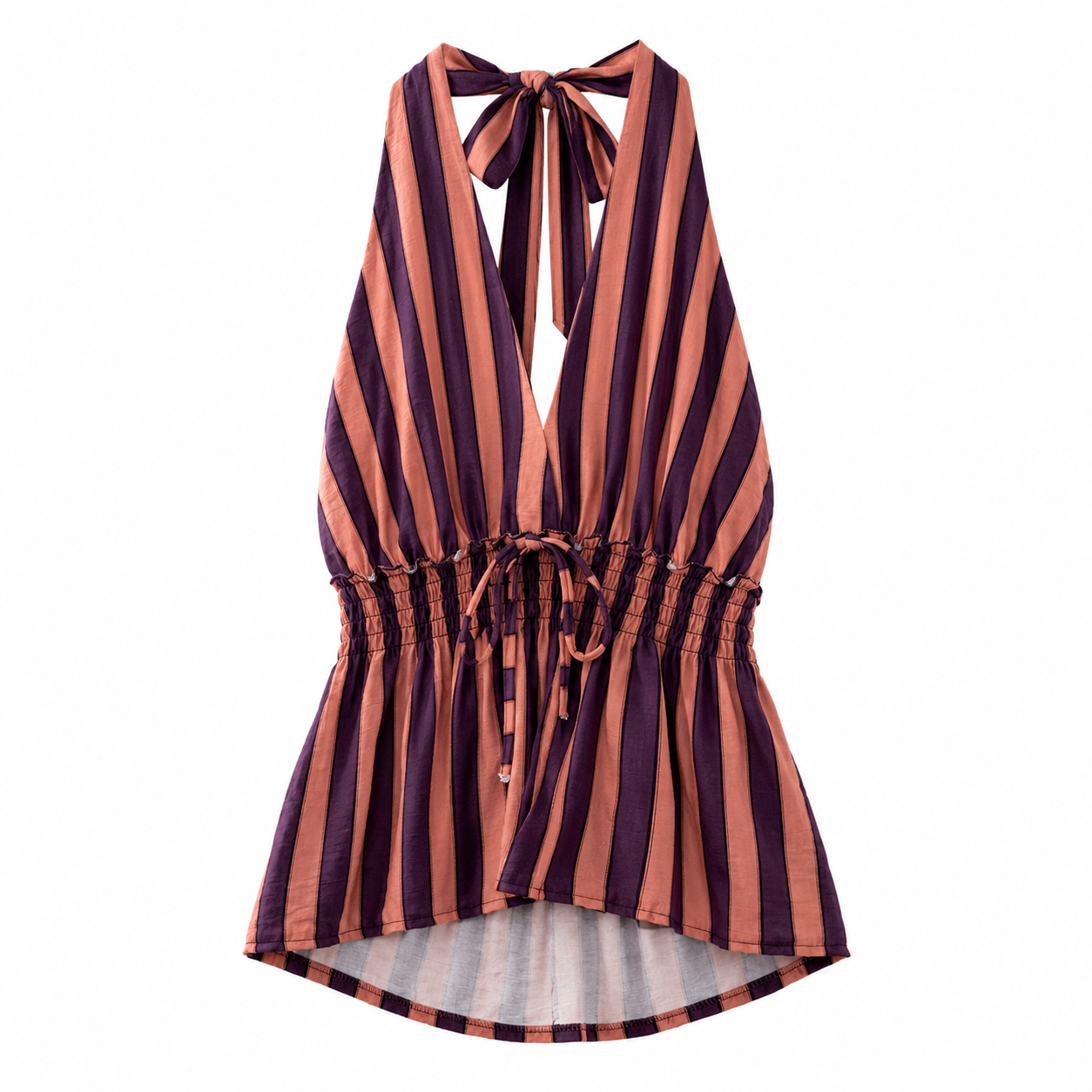 Blusa Halter Rayada Terracota con Escote Profundo