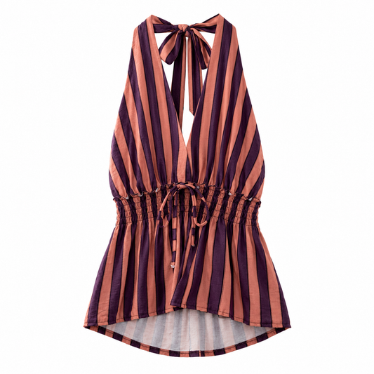 Blusa Halter Rayada Terracota con Escote Profundo