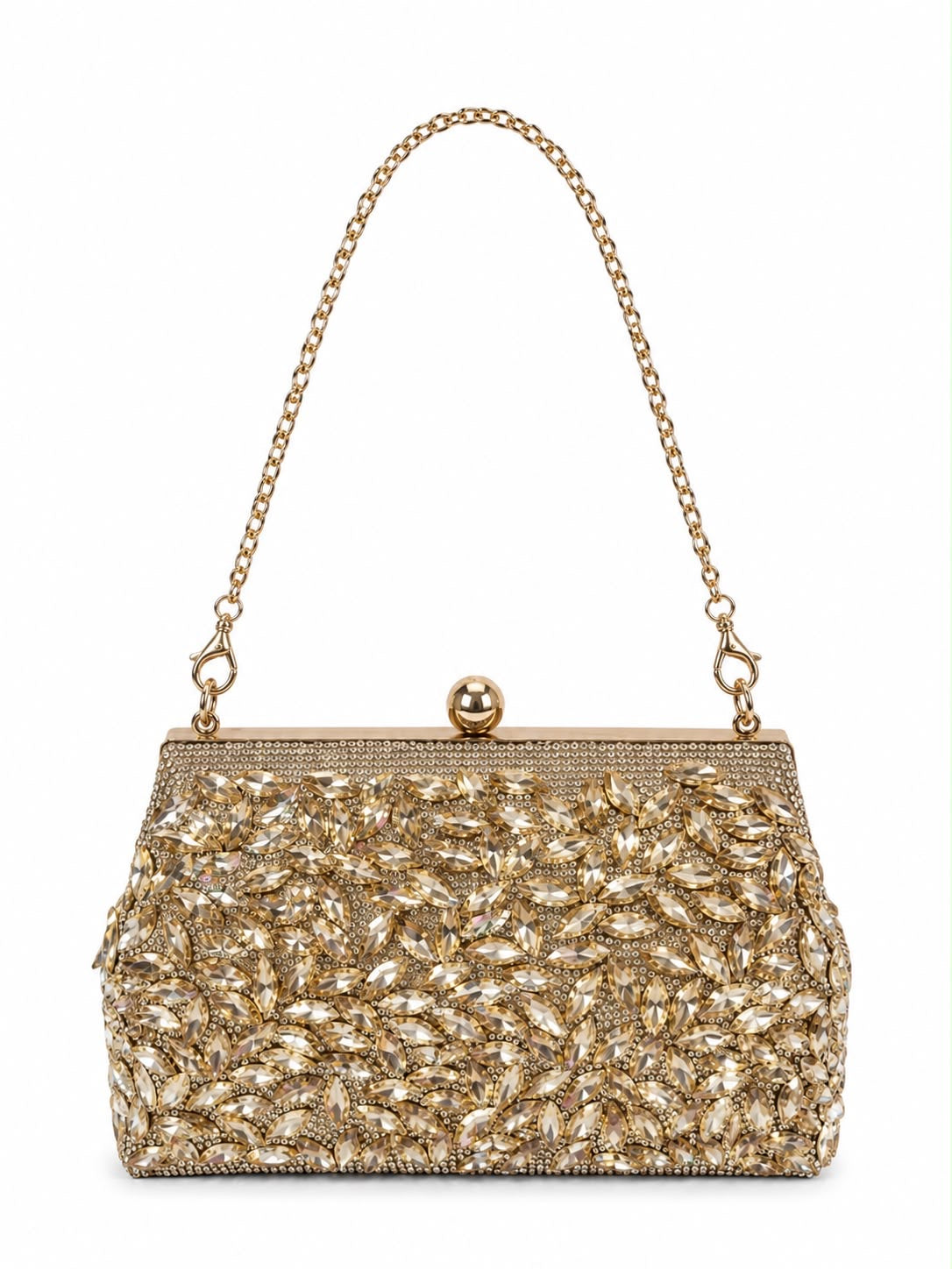 Bolso clutch premium dorado con cristales, acabado champagne y asa de perla