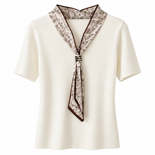 Blusa Tejida Beige con Pañuelo Estampado Decorativo