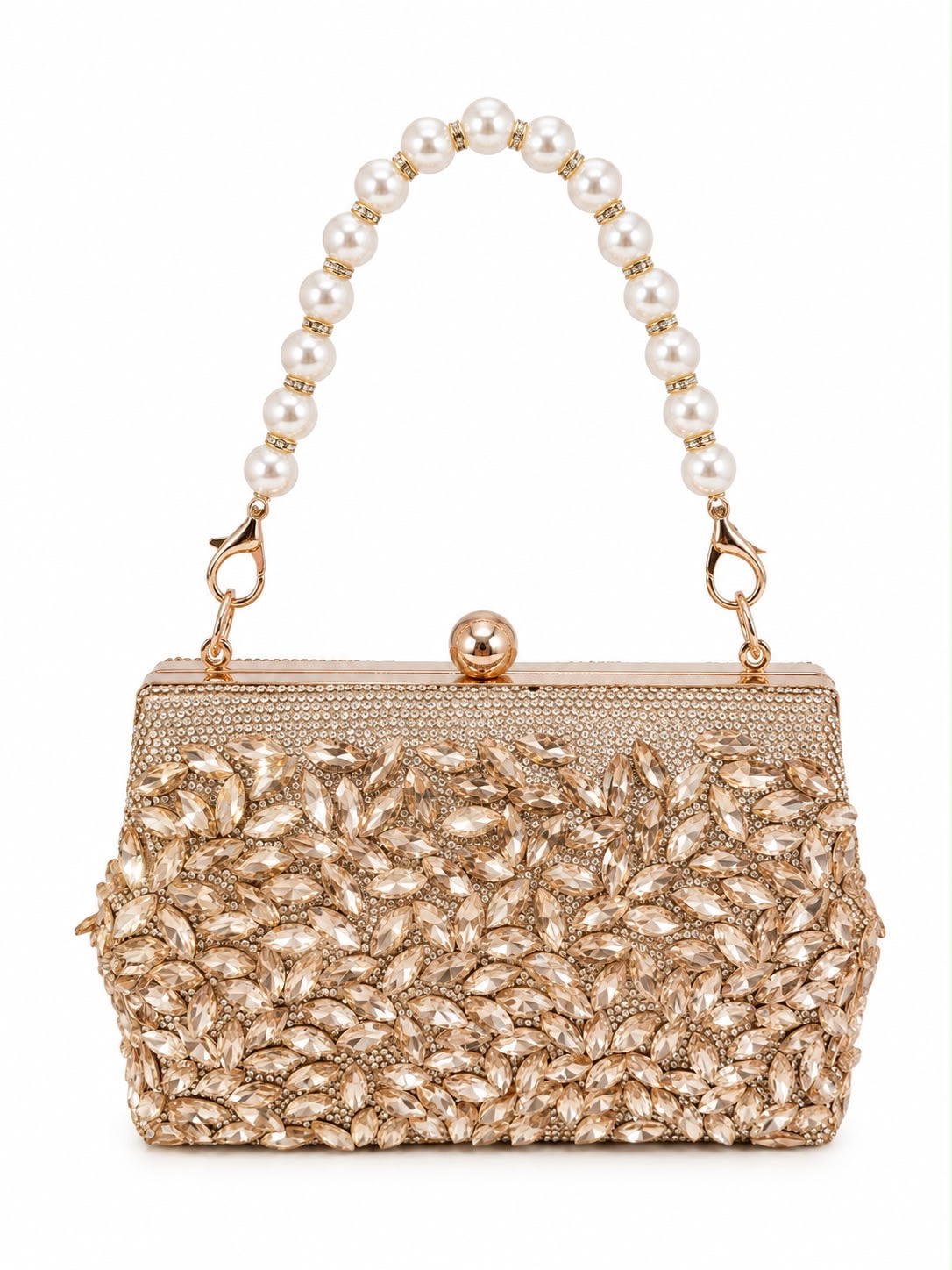Bolso clutch premium dorado con cristales, acabado champagne y asa de perla