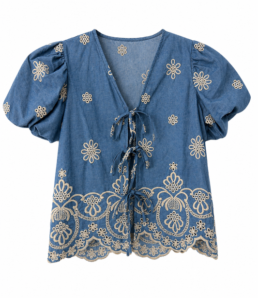 Conjunto Bordado Azul Denim de Blusa y Short