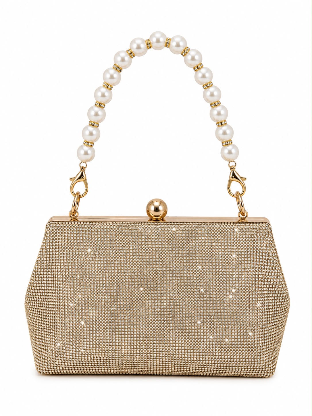 Bolso clutch premium dorado con cristales, acabado champagne y asa de perla