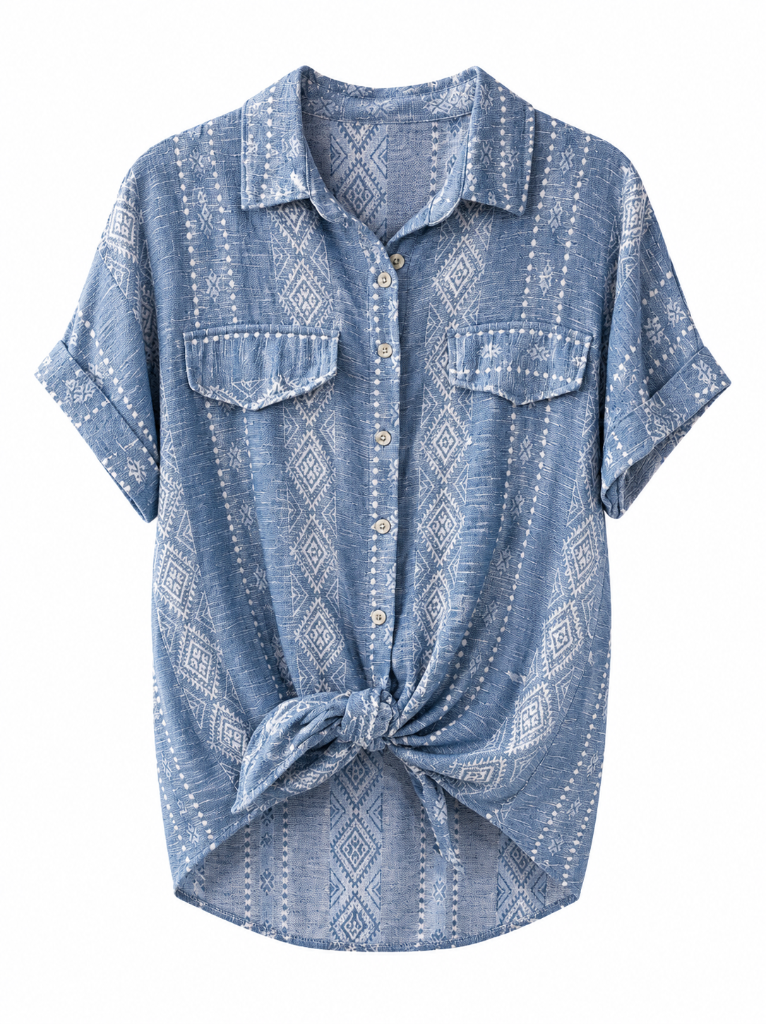 Blusa Camisera Azul Denim con Estampado Boho