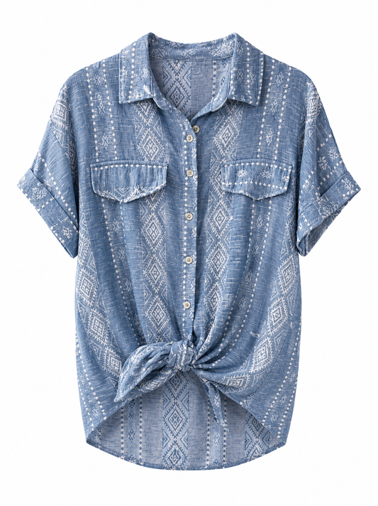 Blusa Camisera Azul Denim con Estampado Boho