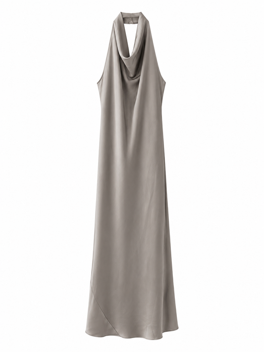 Vestido Maxi Satinado Gris Perla con Escote Halter