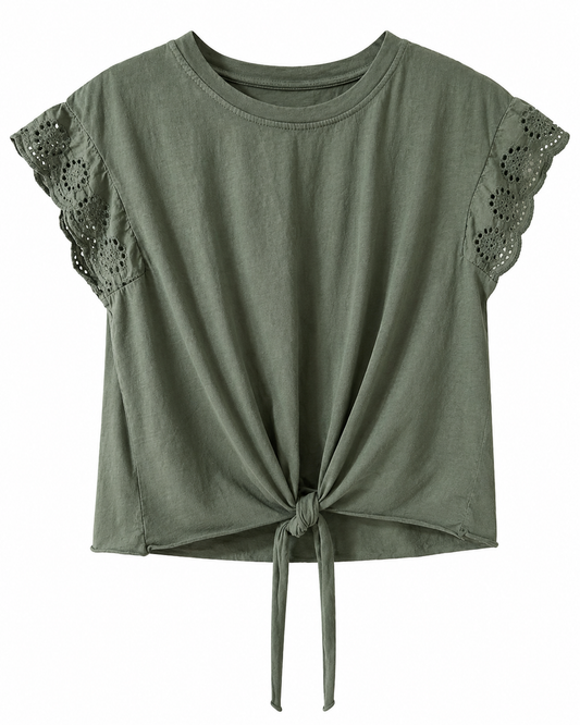 Blusa Verde Oliva con Encaje y Nudo Frontal