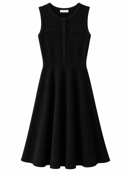 Vestido Midi Negro de Corte Clásico con Silueta Estructurada